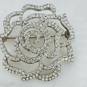 Vintage Pave Rose Pin Brooch Silver-Tone Openwork Rhinestone Flower Estate Bling